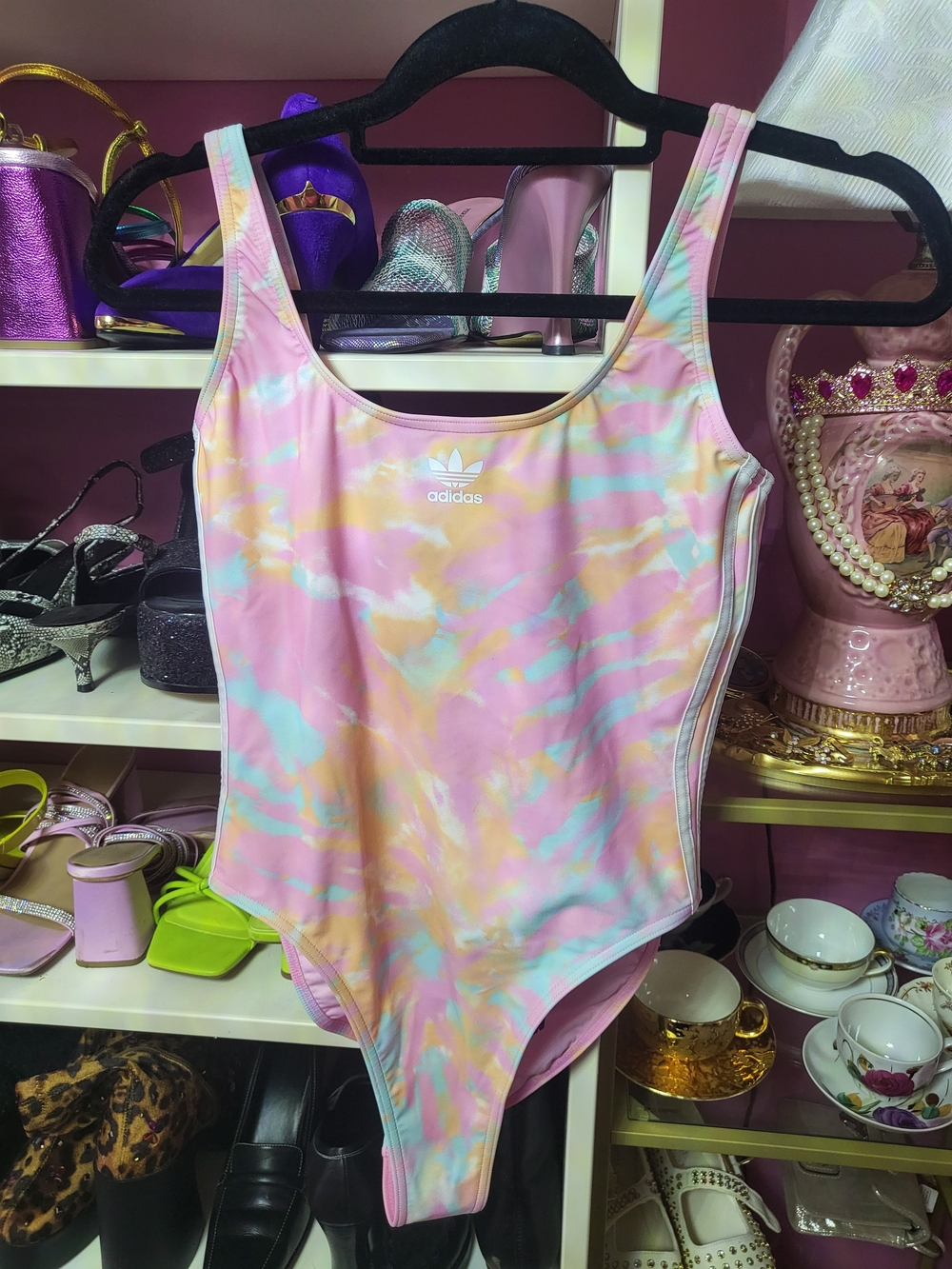 adidas Pastel Tie-Dye Scoop-Back One-Piece in Pink, Mint & Yellow